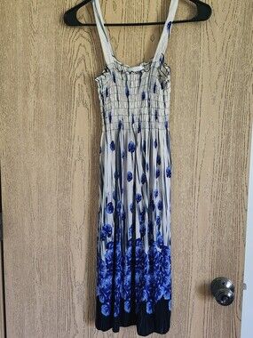 White and Blue Floral Maxi Dress - Sleeveless Smocked Bodice